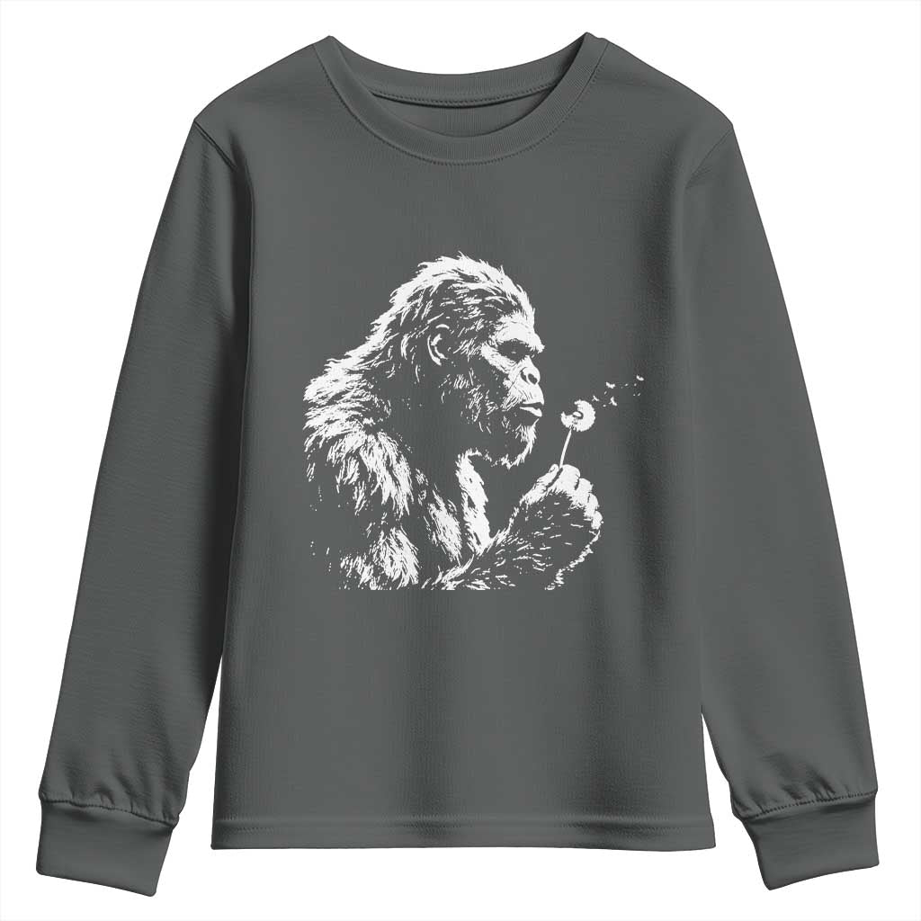 Bigfoot Blowing Dandelion Flower Graphic Youth Sweatshirt Whimsical Sasquatch Profile Artistic Vintage Distressed