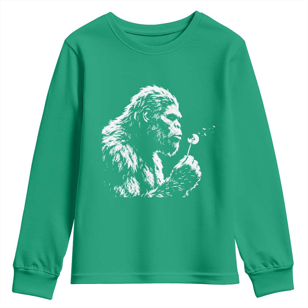 Bigfoot Blowing Dandelion Flower Graphic Youth Sweatshirt Whimsical Sasquatch Profile Artistic Vintage Distressed