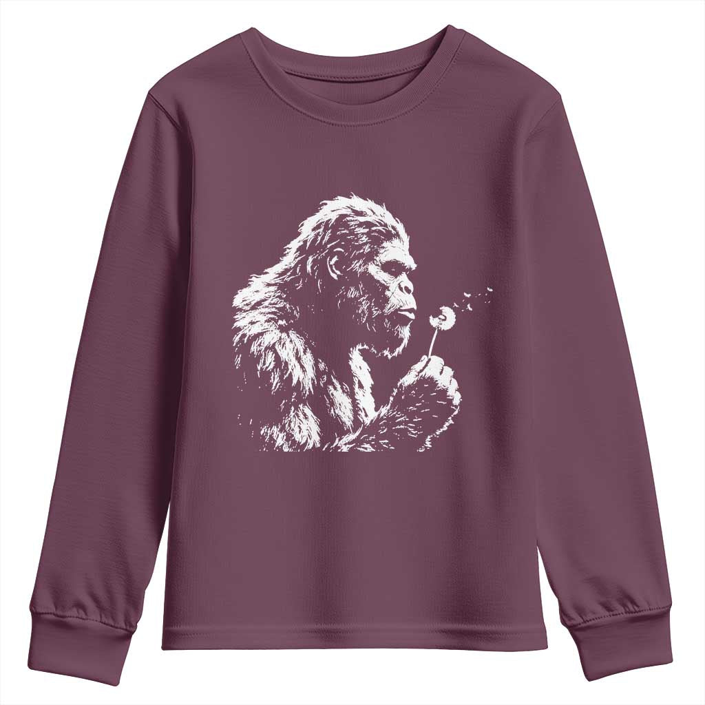 Bigfoot Blowing Dandelion Flower Graphic Youth Sweatshirt Whimsical Sasquatch Profile Artistic Vintage Distressed