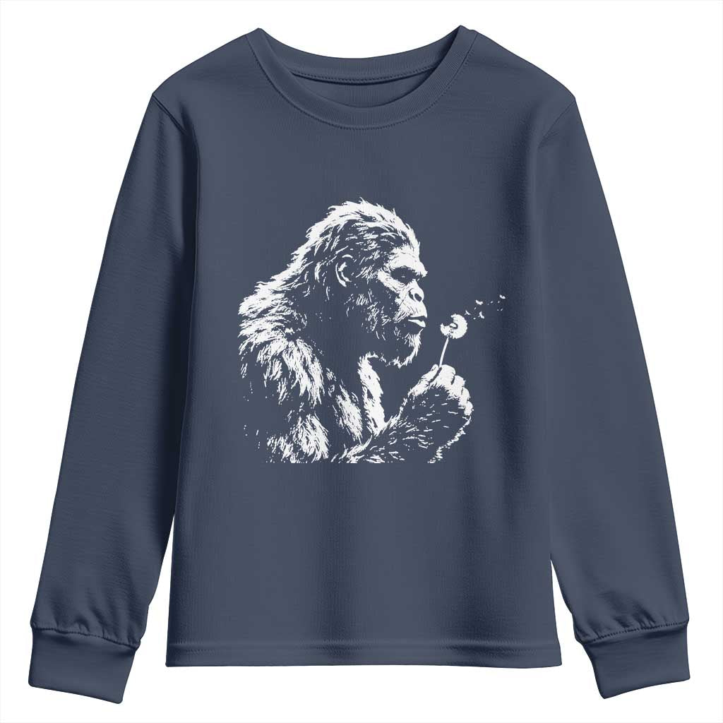 Bigfoot Blowing Dandelion Flower Graphic Youth Sweatshirt Whimsical Sasquatch Profile Artistic Vintage Distressed