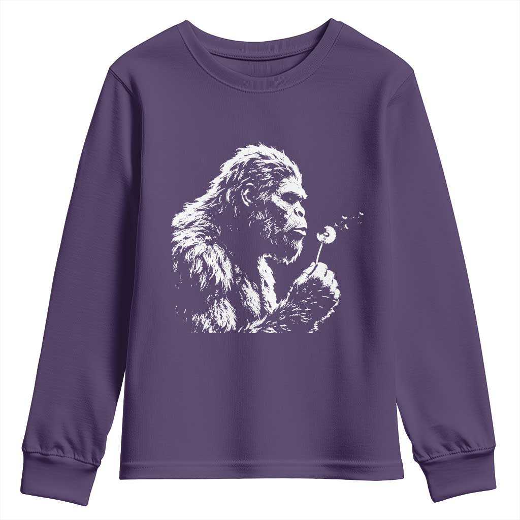 Bigfoot Blowing Dandelion Flower Graphic Youth Sweatshirt Whimsical Sasquatch Profile Artistic Vintage Distressed