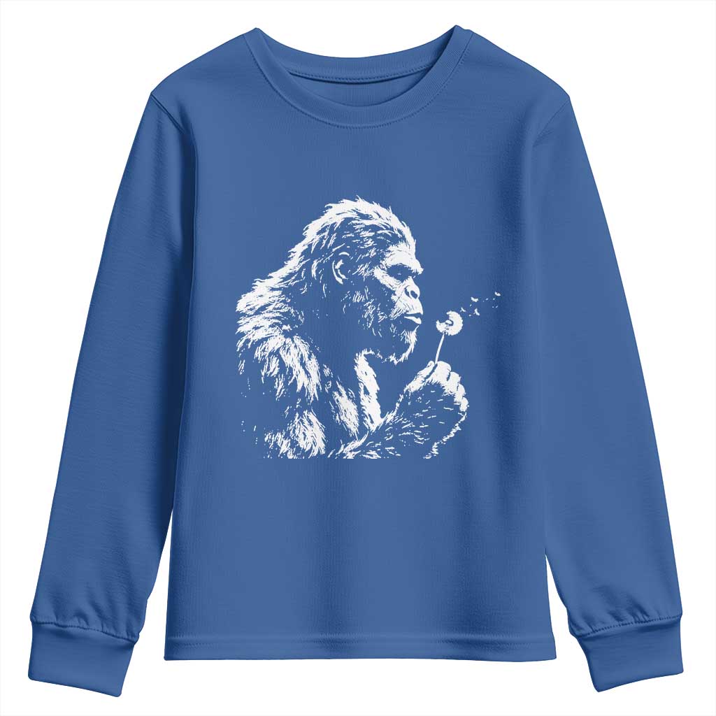 Bigfoot Blowing Dandelion Flower Graphic Youth Sweatshirt Whimsical Sasquatch Profile Artistic Vintage Distressed