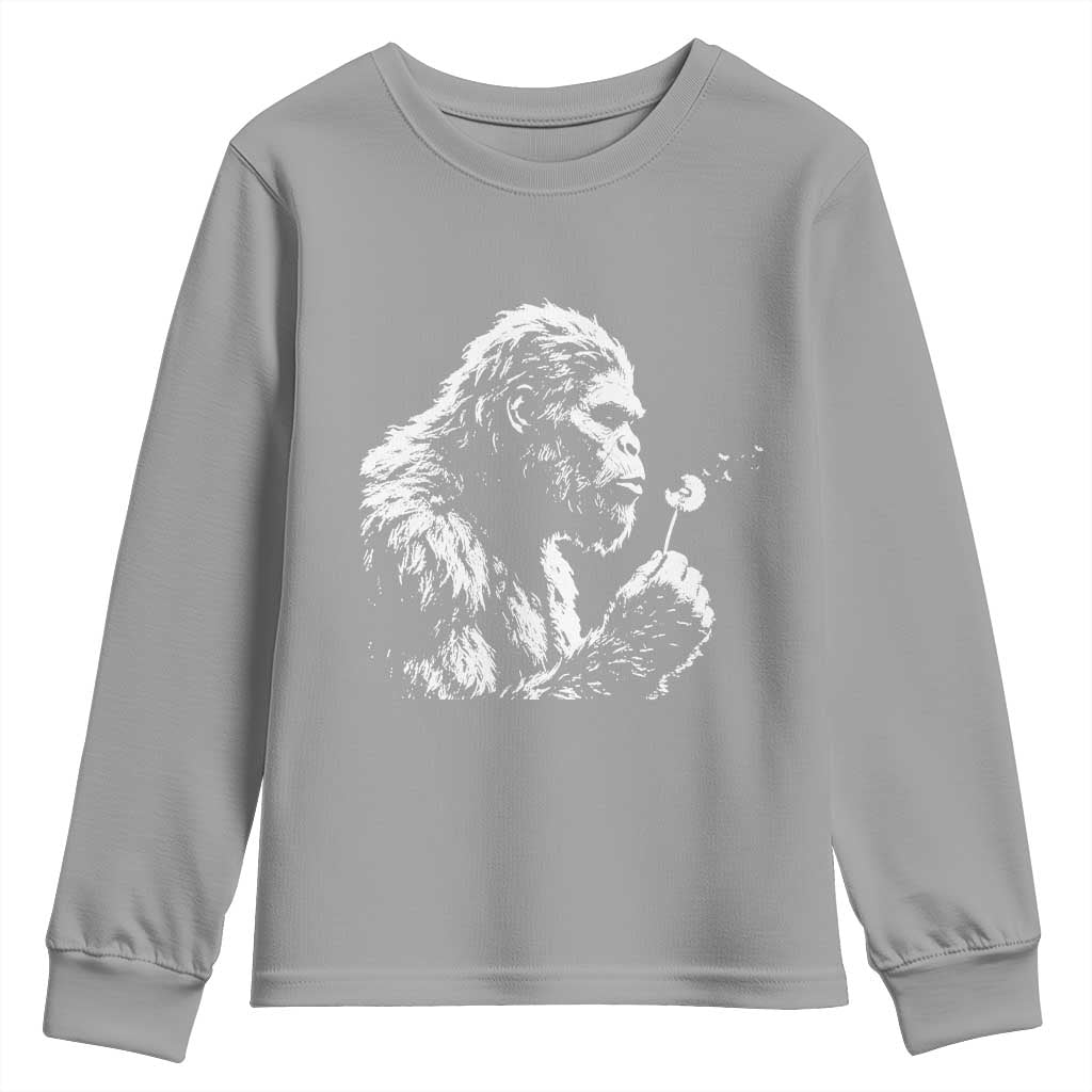 Bigfoot Blowing Dandelion Flower Graphic Youth Sweatshirt Whimsical Sasquatch Profile Artistic Vintage Distressed