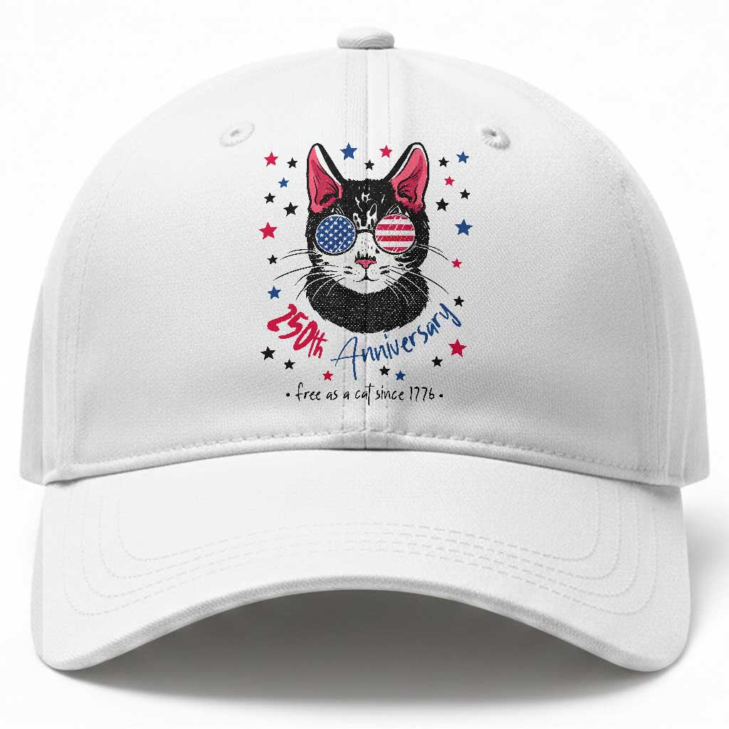 Free As A Cat Since 1776 Funny Patriotic Baseball Cap Cool American Flag Sunglasses Cat 250th Anniversary Semiquincentennial