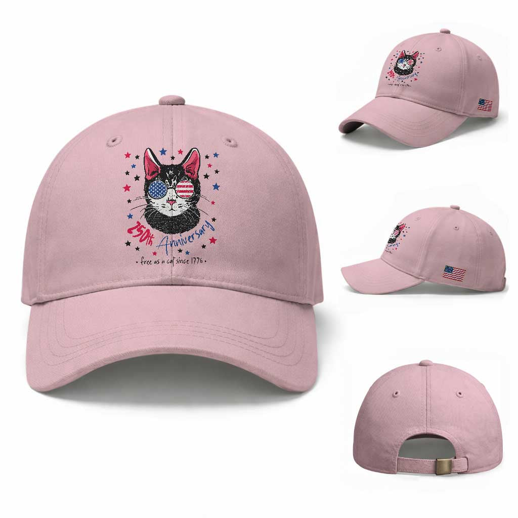 Free As A Cat Since 1776 Funny Patriotic Baseball Cap Cool American Flag Sunglasses Cat 250th Anniversary Semiquincentennial