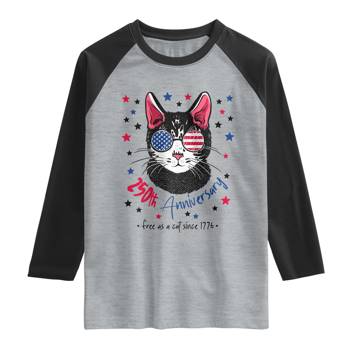 Free As A Cat Since 1776 Funny Patriotic Raglan Shirt Cool American Flag Sunglasses Cat 250th Anniversary Semiquincentennial