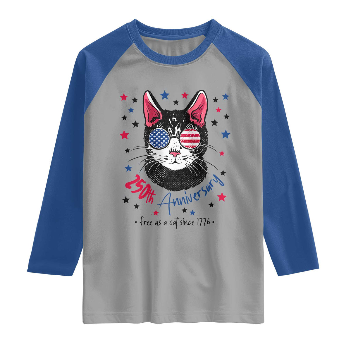 Free As A Cat Since 1776 Funny Patriotic Raglan Shirt Cool American Flag Sunglasses Cat 250th Anniversary Semiquincentennial