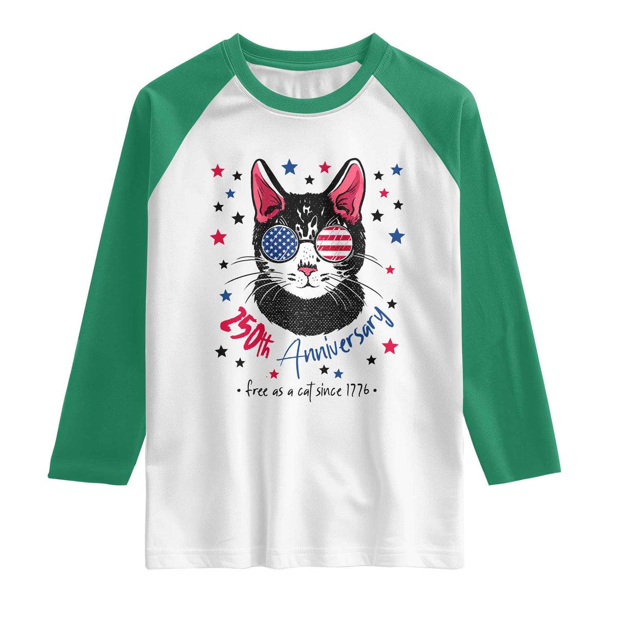 Free As A Cat Since 1776 Funny Patriotic Raglan Shirt Cool American Flag Sunglasses Cat 250th Anniversary Semiquincentennial