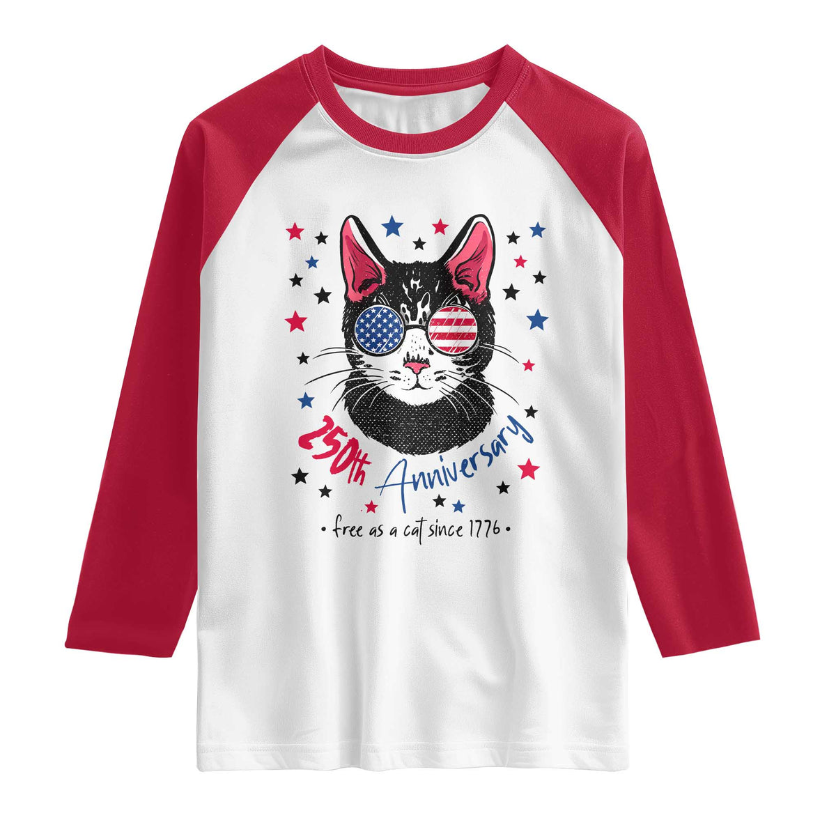 Free As A Cat Since 1776 Funny Patriotic Raglan Shirt Cool American Flag Sunglasses Cat 250th Anniversary Semiquincentennial