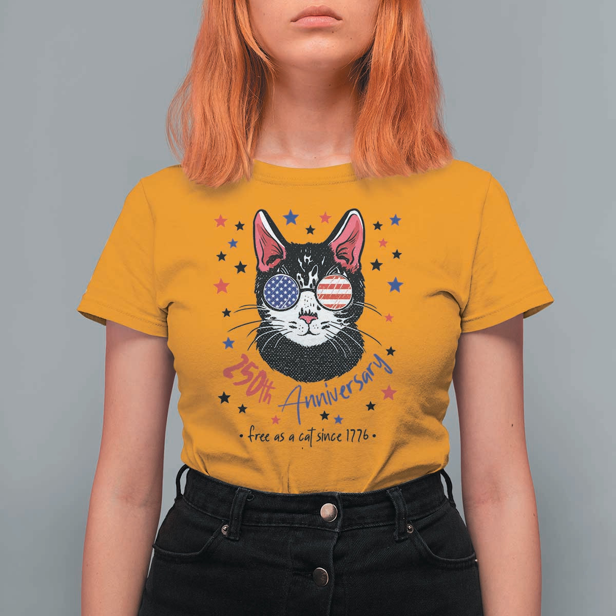 Free As A Cat Since 1776 Funny Patriotic T Shirt For Women Cool American Flag Sunglasses Cat 250th Anniversary Semiquincentennial