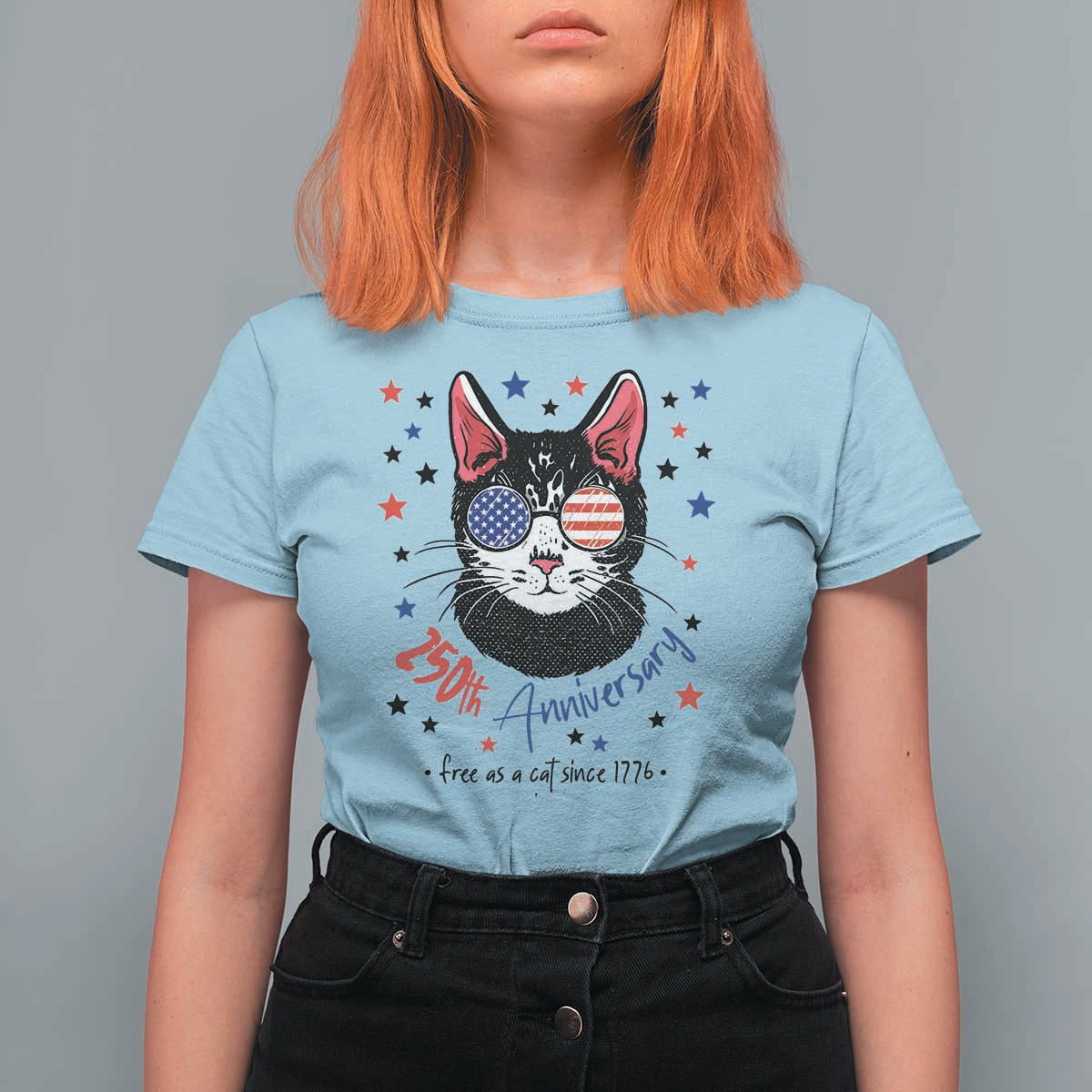 Free As A Cat Since 1776 Funny Patriotic T Shirt For Women Cool American Flag Sunglasses Cat 250th Anniversary Semiquincentennial