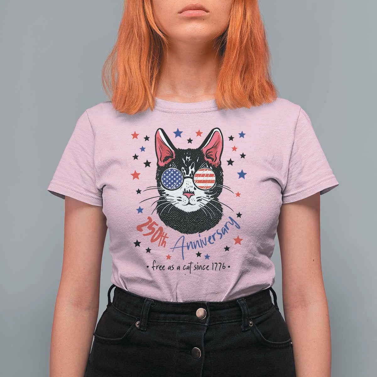 Free As A Cat Since 1776 Funny Patriotic T Shirt For Women Cool American Flag Sunglasses Cat 250th Anniversary Semiquincentennial