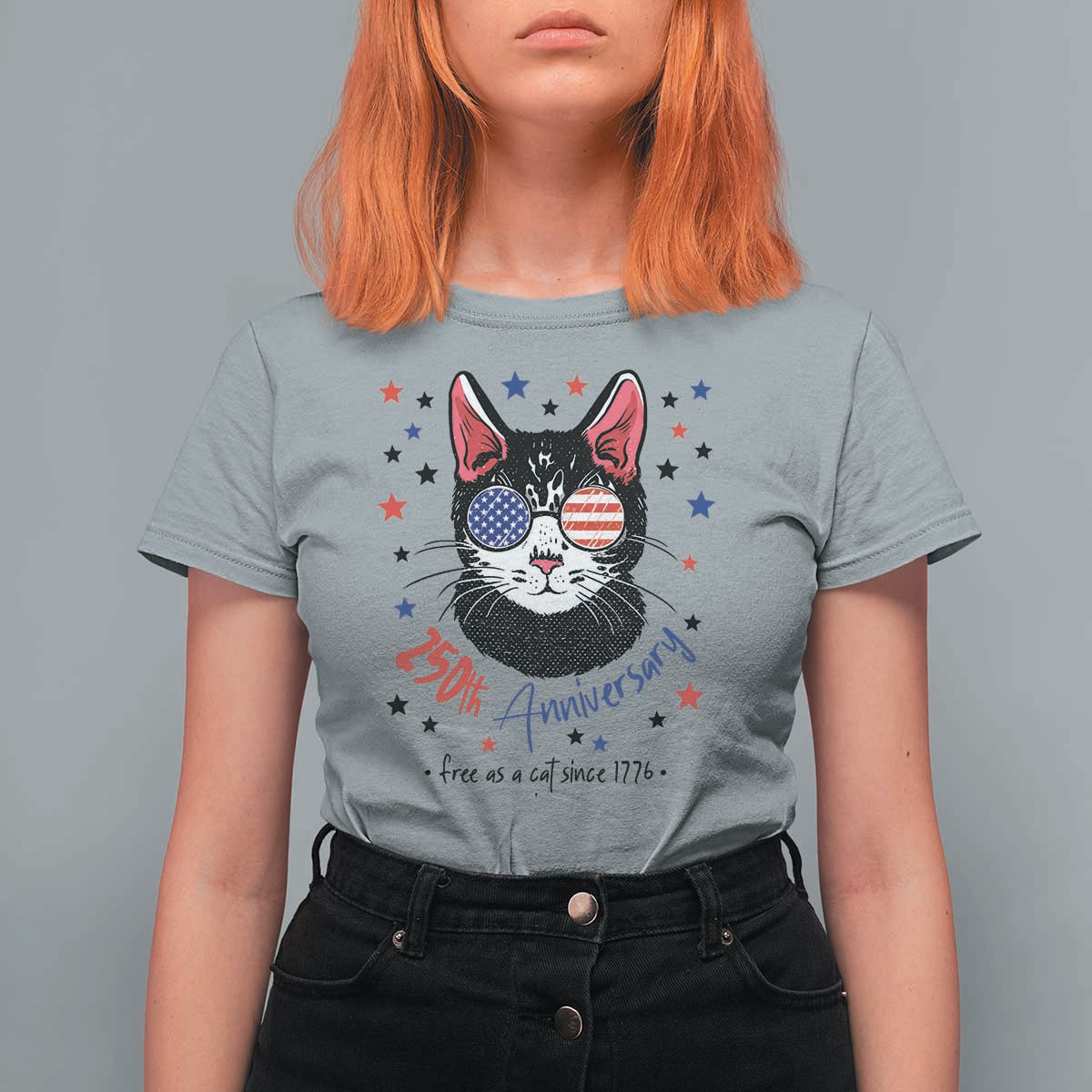 Free As A Cat Since 1776 Funny Patriotic T Shirt For Women Cool American Flag Sunglasses Cat 250th Anniversary Semiquincentennial