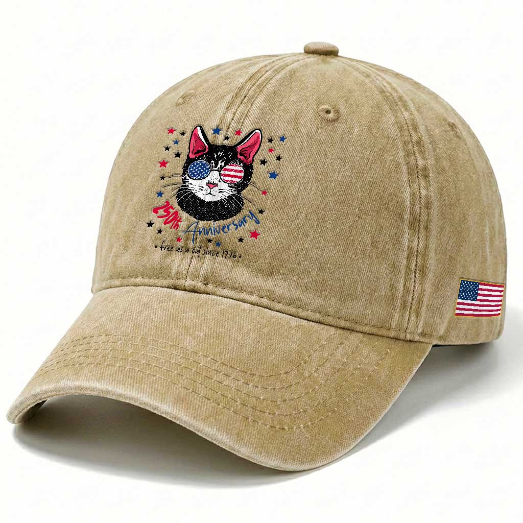 Free As A Cat Since 1776 Funny Patriotic Washed Cotton Baseball Cap Cool American Flag Sunglasses Cat 250th Anniversary Semiquincentennial