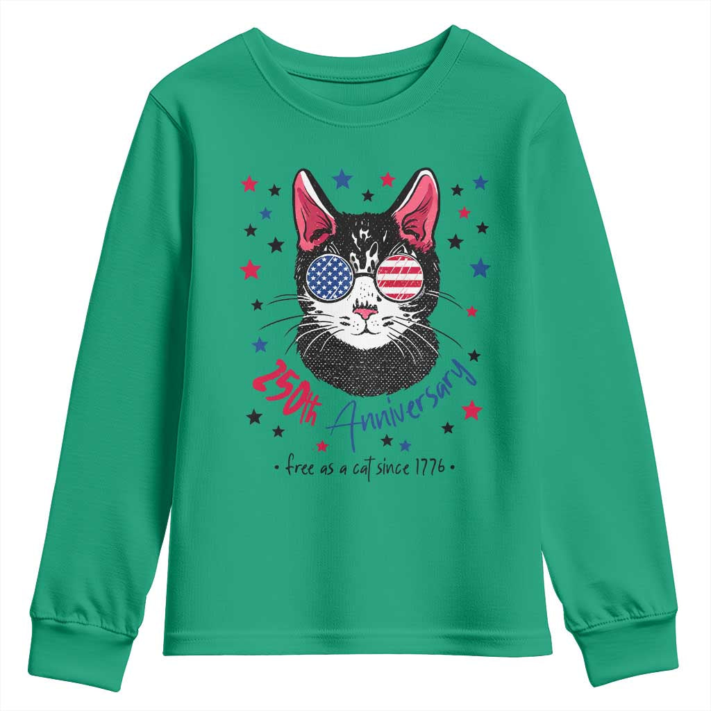 Free As A Cat Since 1776 Funny Patriotic Youth Sweatshirt Cool American Flag Sunglasses Cat 250th Anniversary Semiquincentennial