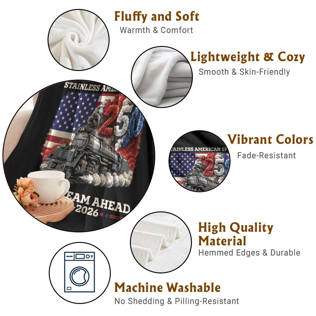 Stainless American Spirit Full Steam Ahead Throw Blanket 250 Years Freedom Semiquincentennial Steam Locomotive