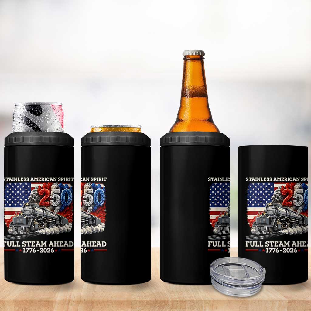 Stainless American Spirit Full Steam Ahead 4 in 1 Can Cooler Tumbler 250 Years Freedom Semiquincentennial Steam Locomotive