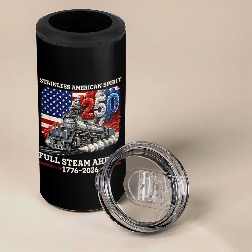 Stainless American Spirit Full Steam Ahead 4 in 1 Can Cooler Tumbler 250 Years Freedom Semiquincentennial Steam Locomotive