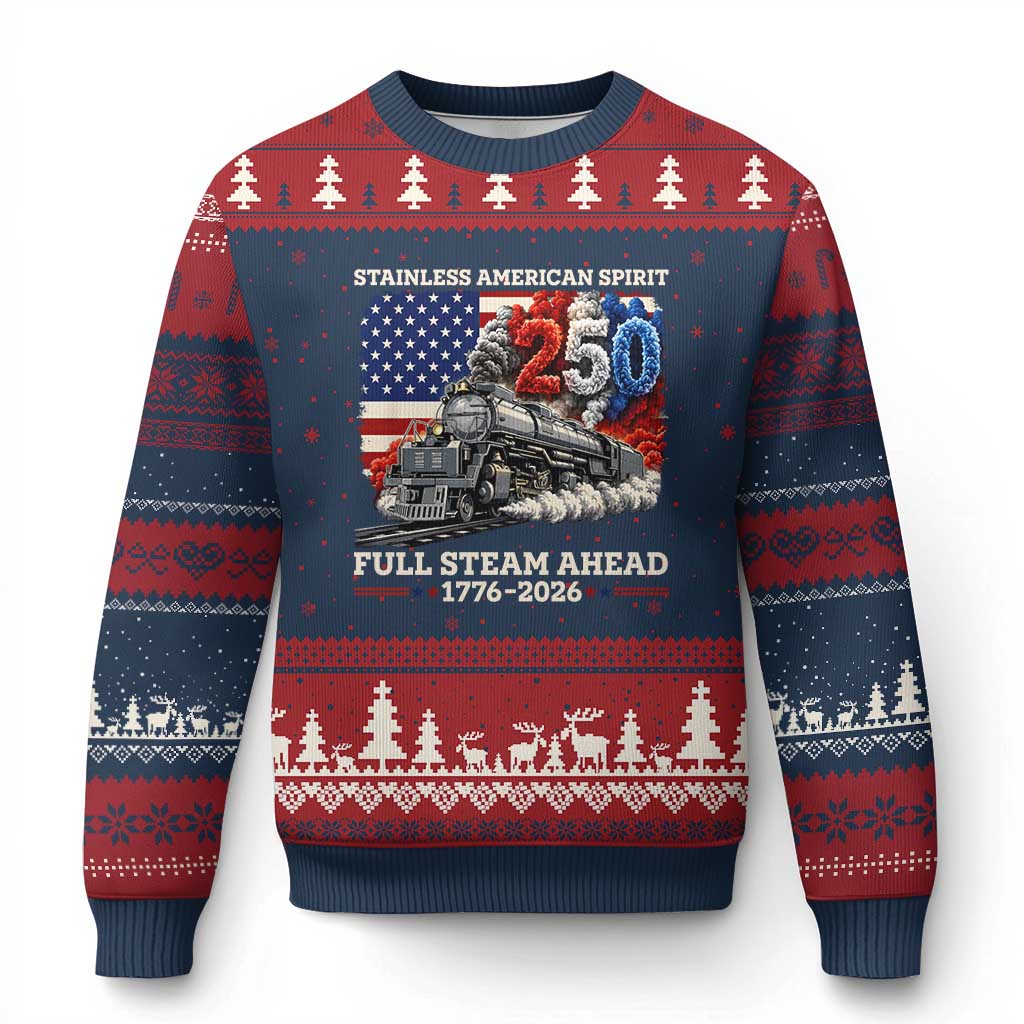 Stainless American Spirit Full Steam Ahead Ugly Christmas Sweater 250 Years Freedom Semiquincentennial Steam Locomotive