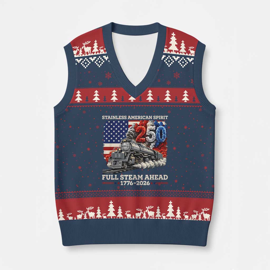 Stainless American Spirit Full Steam Ahead V-Neck Knit Sweater Vest 250 Years Freedom Semiquincentennial Steam Locomotive