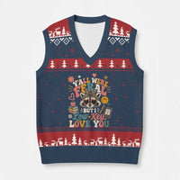 Y'all Were Feral But I Low Key Love You Retro Raccoon V-Neck Knit Sweater Vest Funny Teacher End of School Year