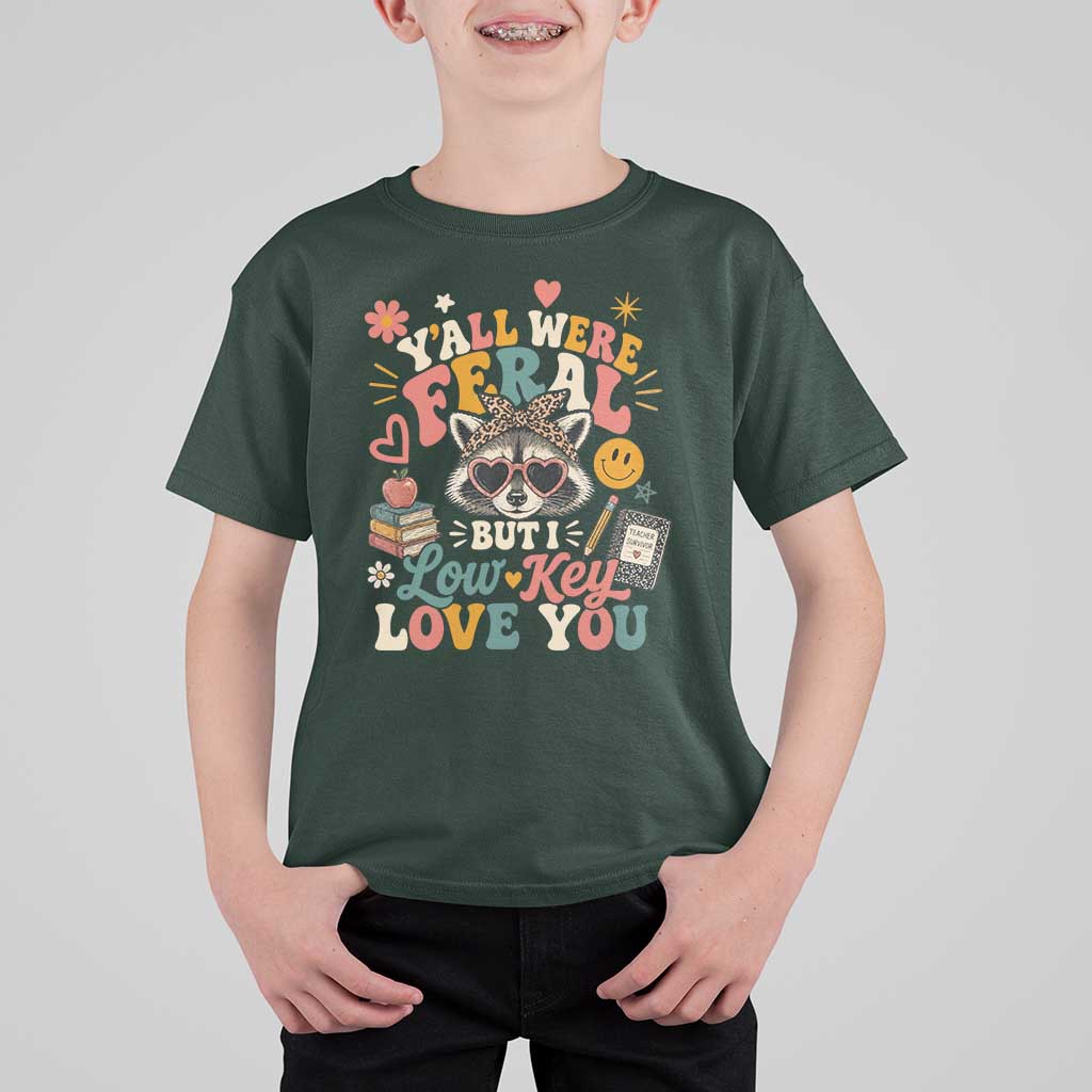 Y'all Were Feral But I Low Key Love You Retro Raccoon T Shirt For Kid Funny Teacher End of School Year