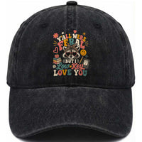 Y'all Were Feral But I Low Key Love You Retro Raccoon Washed Cotton Baseball Cap Funny Teacher End of School Year