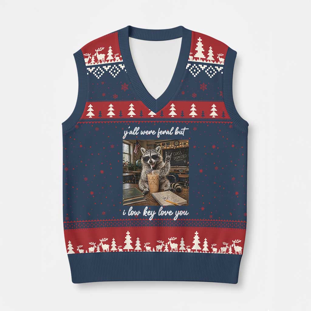Funny Classroom Raccoon Iced Coffee Teacher V-Neck Knit Sweater Vest Y'all Were Feral But I Low Key Love You