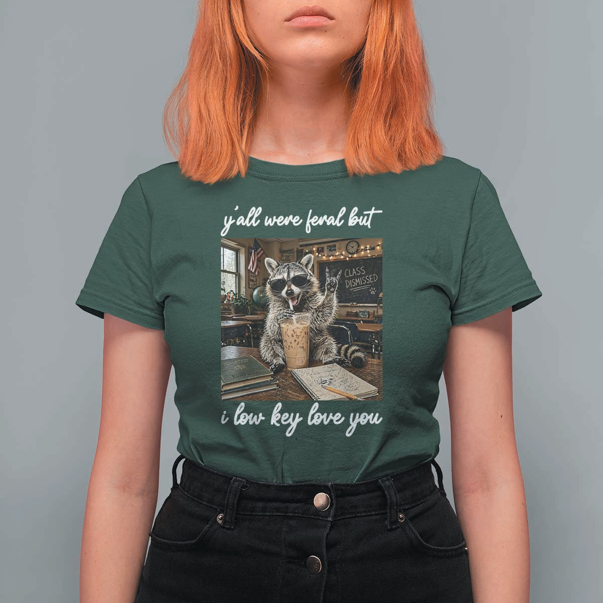 Funny Classroom Raccoon Iced Coffee Teacher T Shirt For Women Y'all Were Feral But I Low Key Love You