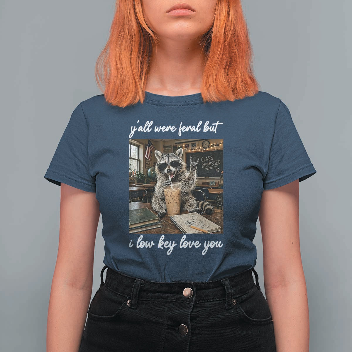 Funny Classroom Raccoon Iced Coffee Teacher T Shirt For Women Y'all Were Feral But I Low Key Love You