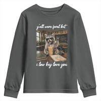 Funny Classroom Raccoon Iced Coffee Teacher Youth Sweatshirt Y'all Were Feral But I Low Key Love You