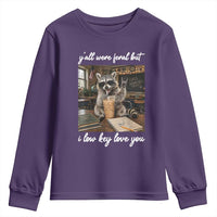 Funny Classroom Raccoon Iced Coffee Teacher Youth Sweatshirt Y'all Were Feral But I Low Key Love You