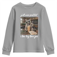 Funny Classroom Raccoon Iced Coffee Teacher Youth Sweatshirt Y'all Were Feral But I Low Key Love You