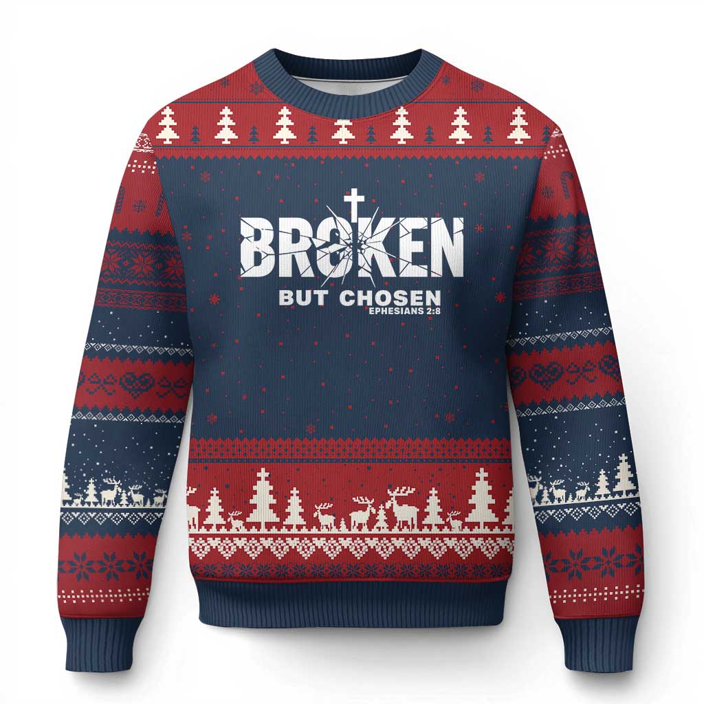Broken But Chosen Ephesians 2:8 Bible Verse Ugly Christmas Sweater Christian Faith Grace and Salvation Gift