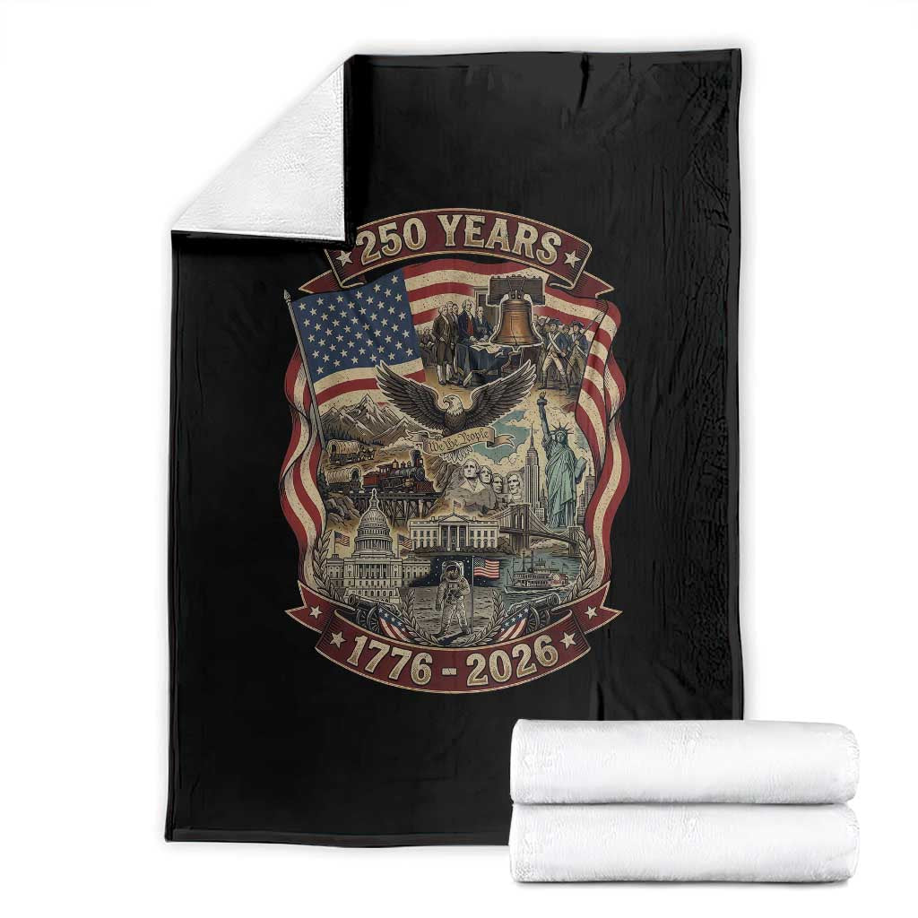 250 Years 1776 to 2026 Ultimate American Landmark Collage Throw Blanket Liberty Bell Eagle and US Flag Semiquincentennial Patriotic