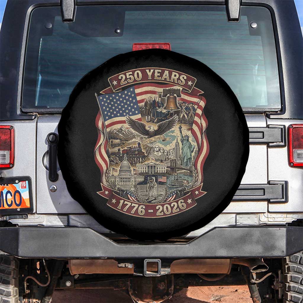 250 Years 1776 to 2026 Ultimate American Landmark Collage Spare Tire Cover Liberty Bell Eagle and US Flag Semiquincentennial Patriotic