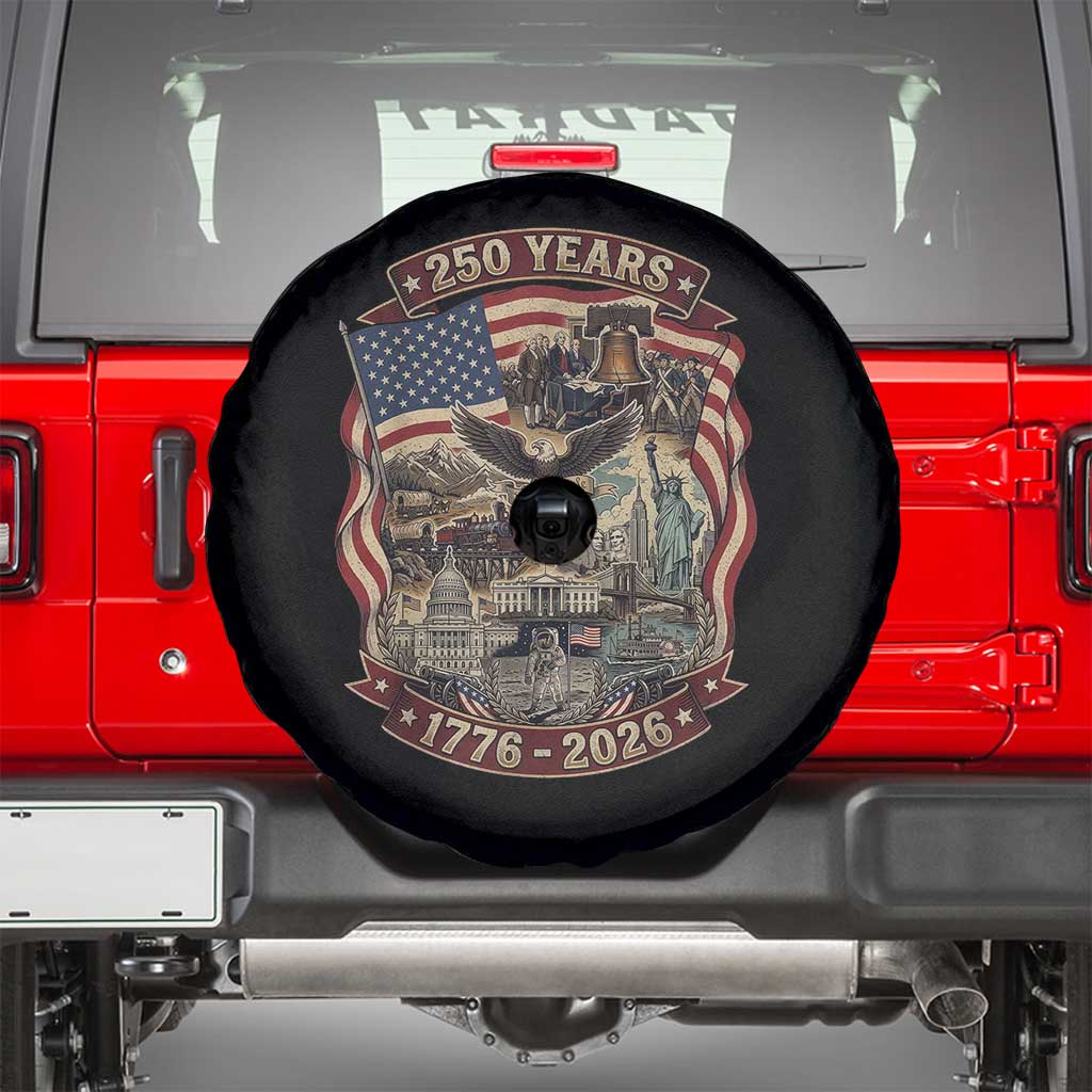 250 Years 1776 to 2026 Ultimate American Landmark Collage Spare Tire Cover Liberty Bell Eagle and US Flag Semiquincentennial Patriotic