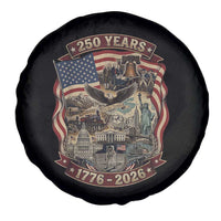 250 Years 1776 to 2026 Ultimate American Landmark Collage Spare Tire Cover Liberty Bell Eagle and US Flag Semiquincentennial Patriotic