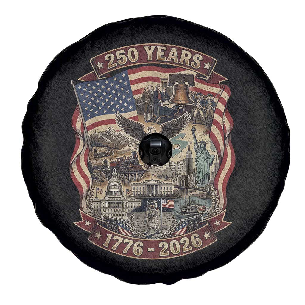250 Years 1776 to 2026 Ultimate American Landmark Collage Spare Tire Cover Liberty Bell Eagle and US Flag Semiquincentennial Patriotic