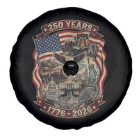 250 Years 1776 to 2026 Ultimate American Landmark Collage Spare Tire Cover Liberty Bell Eagle and US Flag Semiquincentennial Patriotic