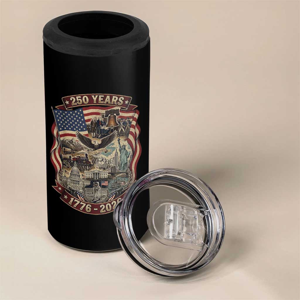 250 Years 1776 to 2026 Ultimate American Landmark Collage 4 in 1 Can Cooler Tumbler Liberty Bell Eagle and US Flag Semiquincentennial Patriotic