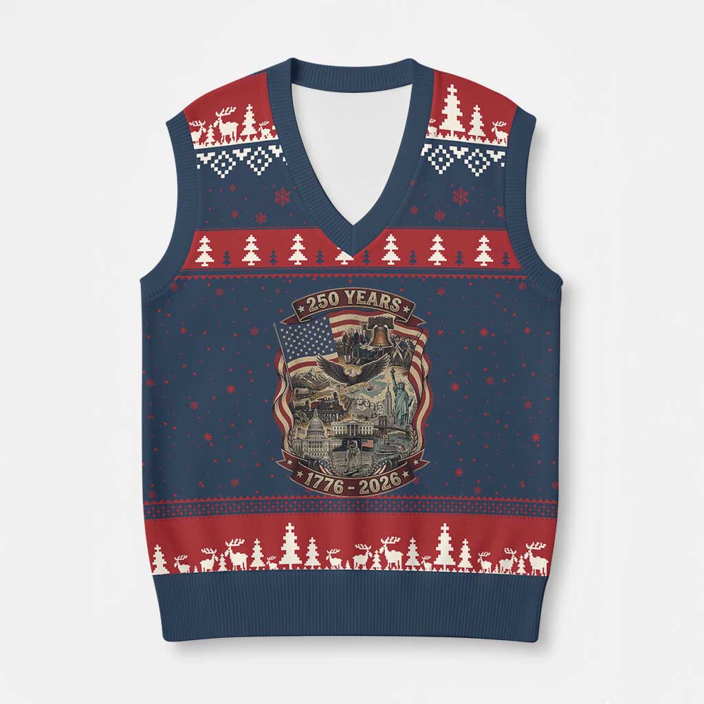 250 Years 1776 to 2026 Ultimate American Landmark Collage V-Neck Knit Sweater Vest Liberty Bell Eagle and US Flag Semiquincentennial Patriotic