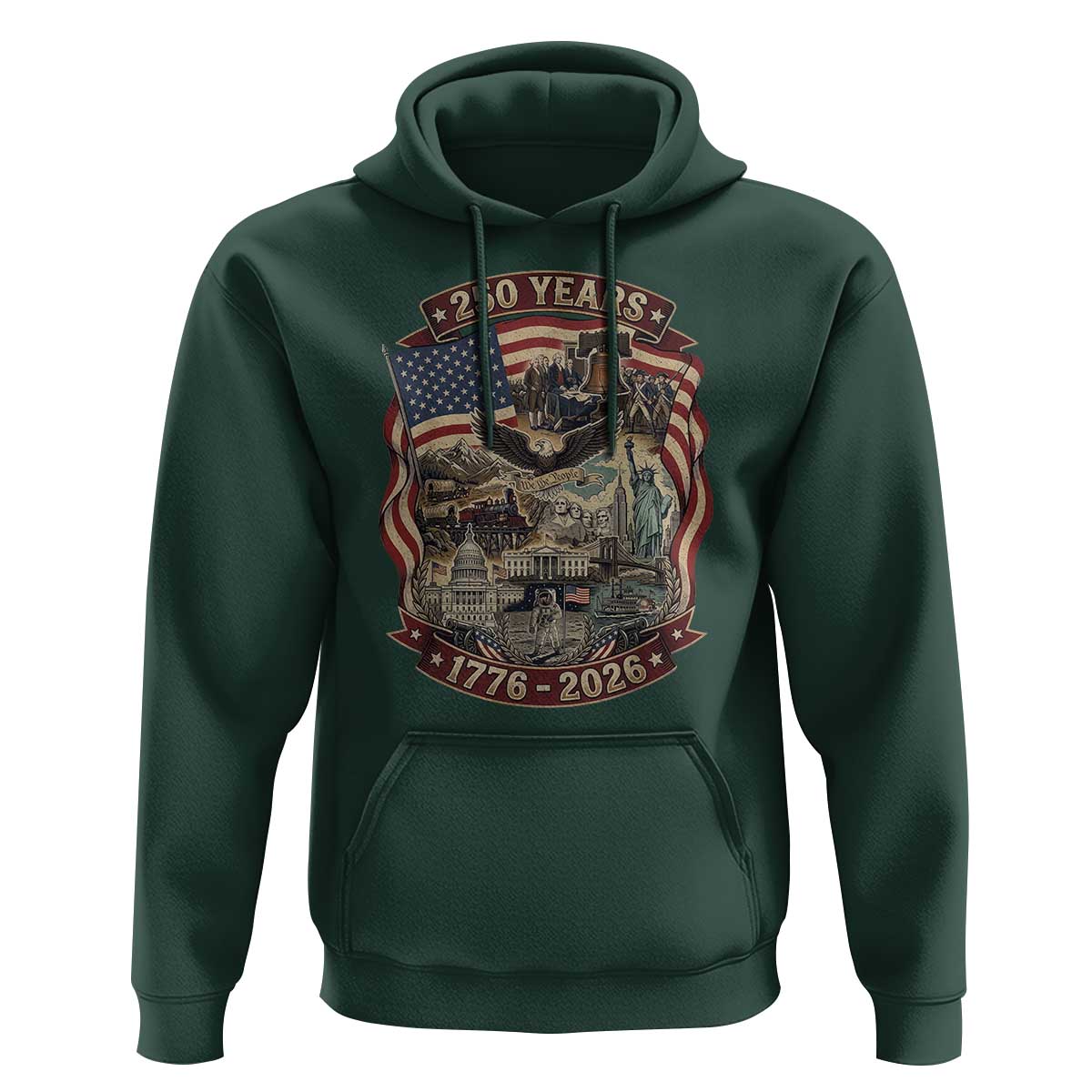 250 Years 1776 to 2026 Ultimate American Landmark Collage Hoodie Liberty Bell Eagle and US Flag Semiquincentennial Patriotic