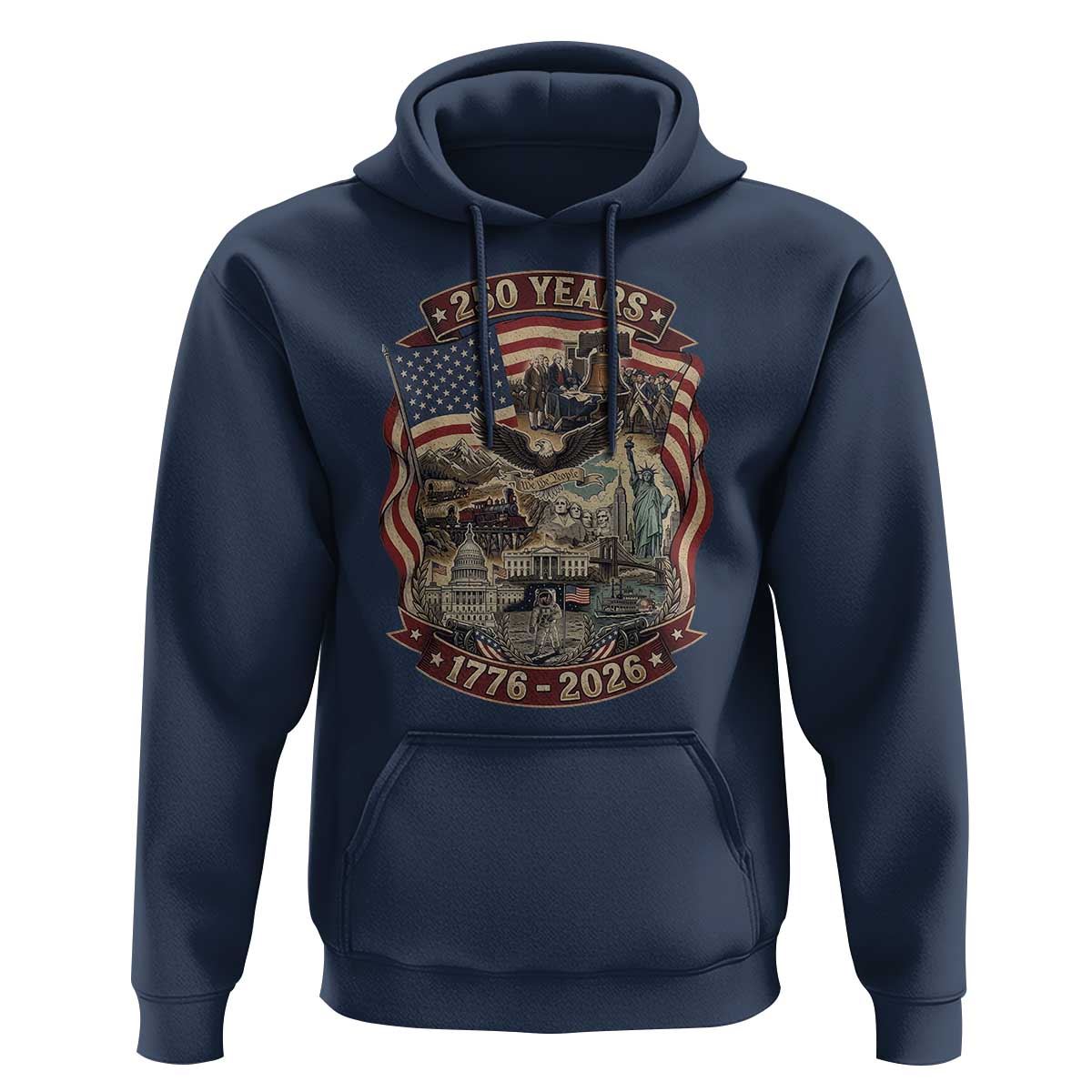 250 Years 1776 to 2026 Ultimate American Landmark Collage Hoodie Liberty Bell Eagle and US Flag Semiquincentennial Patriotic