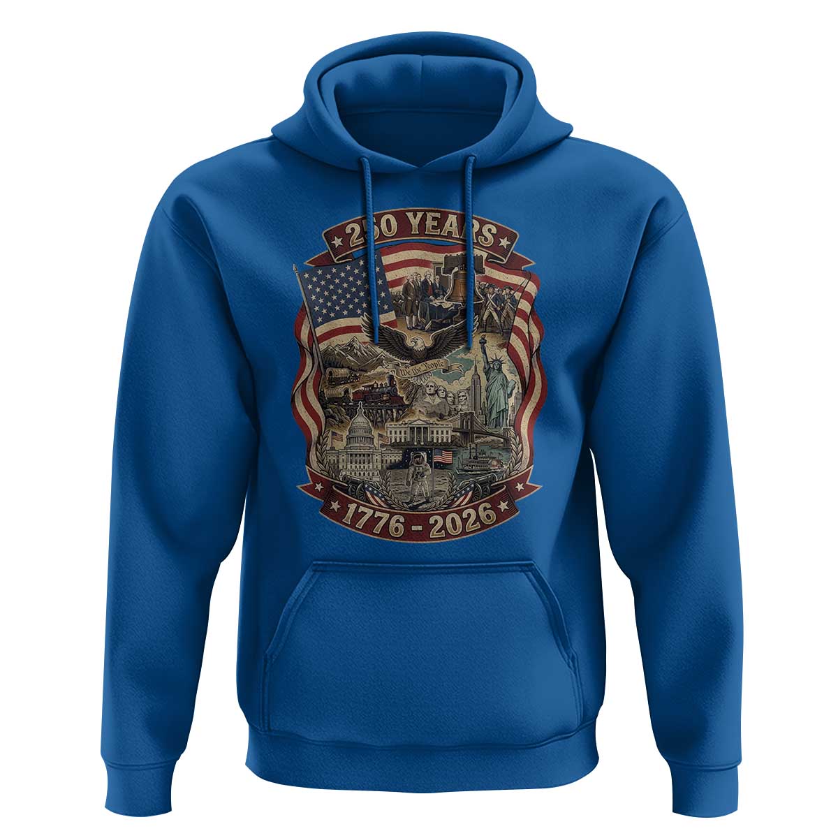 250 Years 1776 to 2026 Ultimate American Landmark Collage Hoodie Liberty Bell Eagle and US Flag Semiquincentennial Patriotic