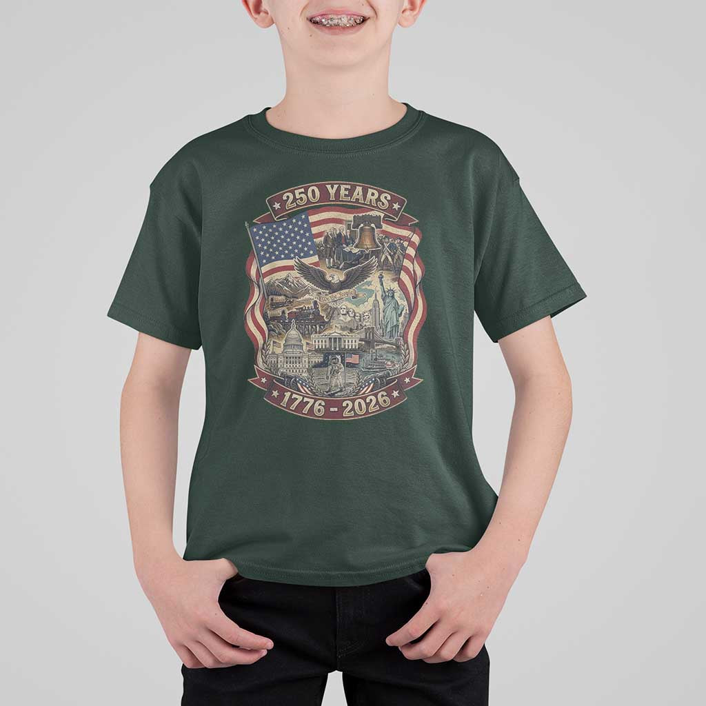 250 Years 1776 to 2026 Ultimate American Landmark Collage T Shirt For Kid Liberty Bell Eagle and US Flag Semiquincentennial Patriotic
