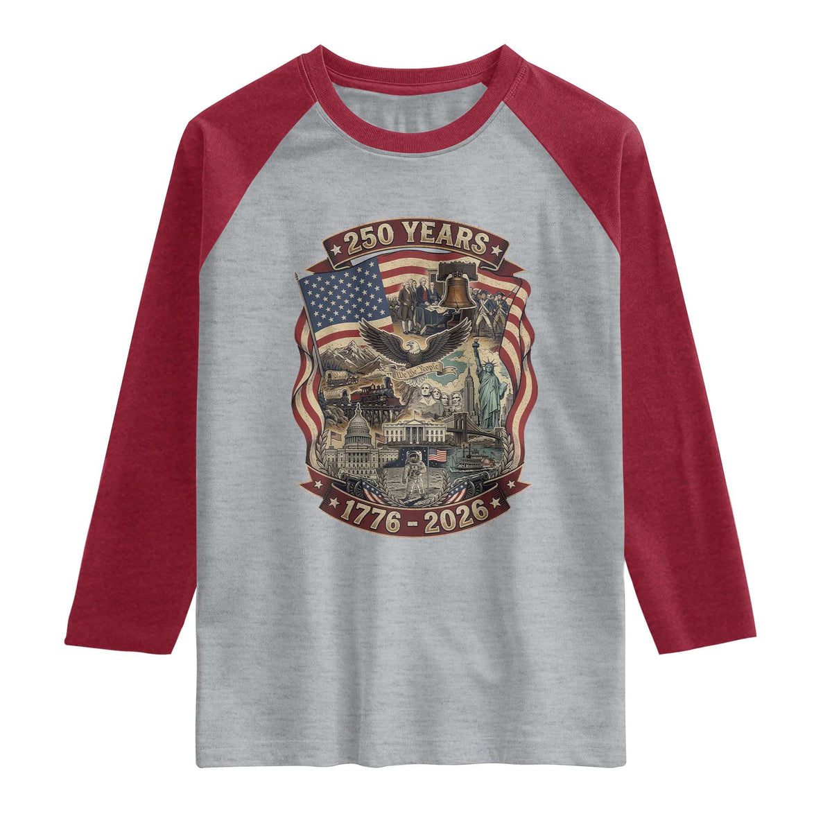 250 Years 1776 to 2026 Ultimate American Landmark Collage Raglan Shirt Liberty Bell Eagle and US Flag Semiquincentennial Patriotic
