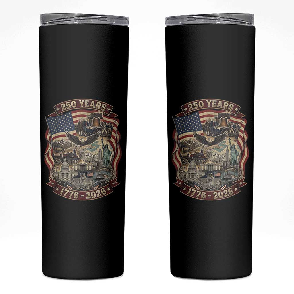 250 Years 1776 to 2026 Ultimate American Landmark Collage Skinny Tumbler Liberty Bell Eagle and US Flag Semiquincentennial Patriotic