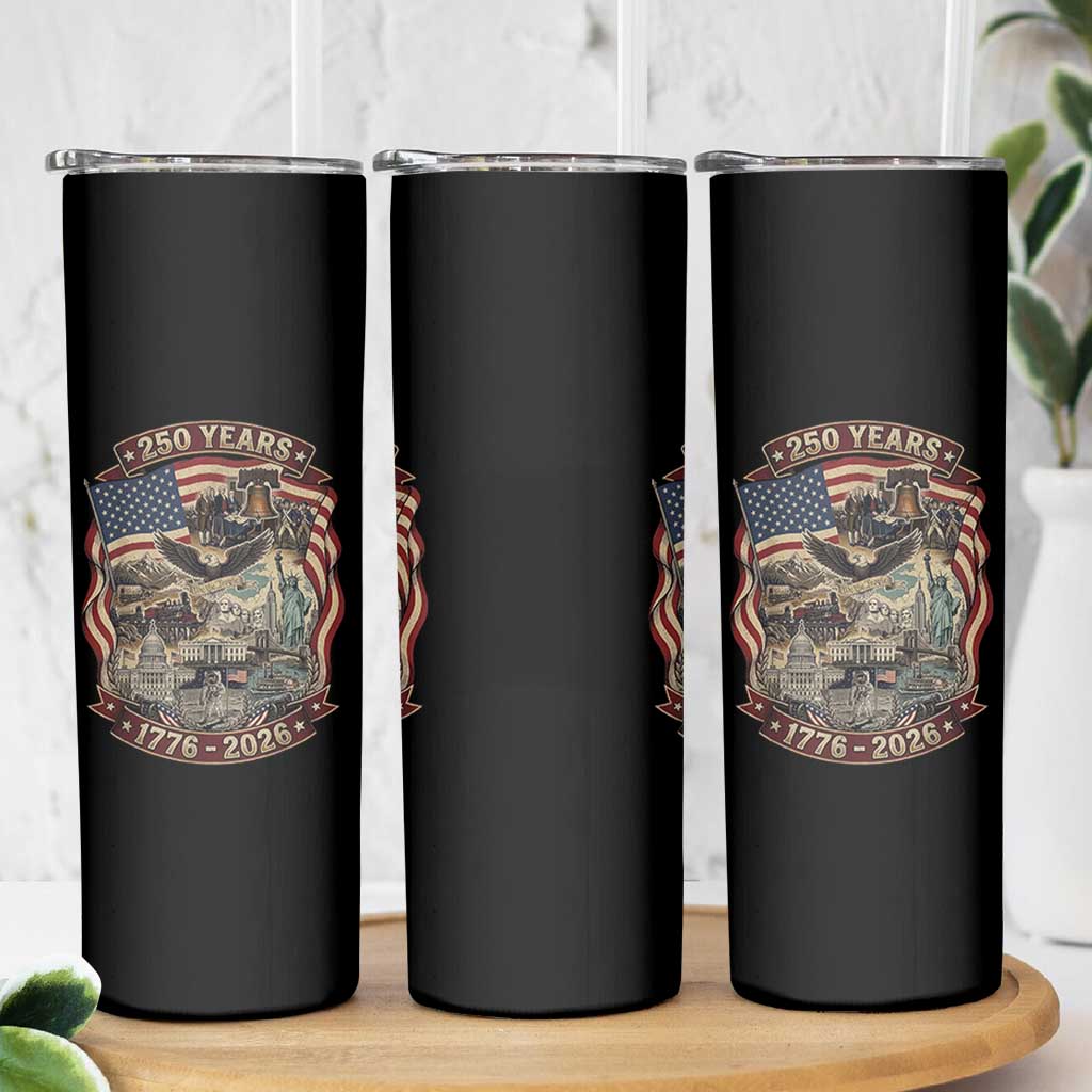 250 Years 1776 to 2026 Ultimate American Landmark Collage Skinny Tumbler Liberty Bell Eagle and US Flag Semiquincentennial Patriotic