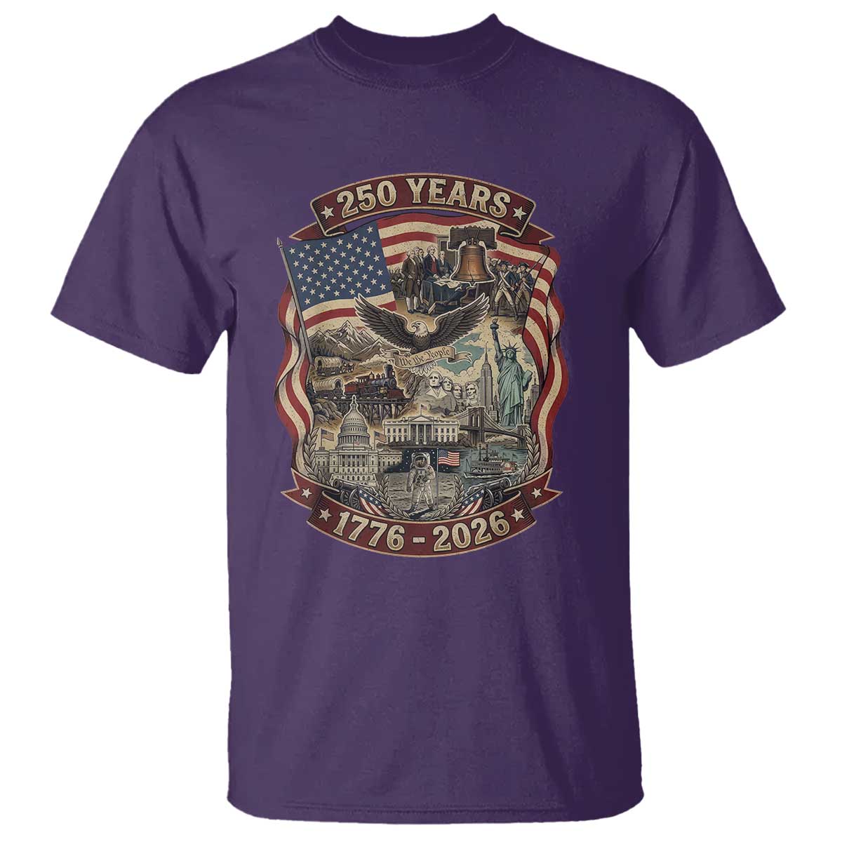250 Years 1776 to 2026 Ultimate American Landmark Collage T Shirt Liberty Bell Eagle and US Flag Semiquincentennial Patriotic